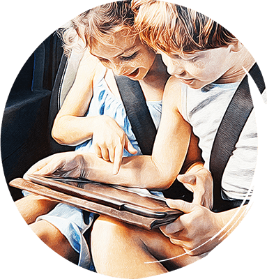 Two kids watching a tablet in the car